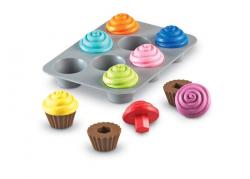 Tray with cupcakes to practice matching shapes.