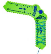 Green plastic key with numbers to practice math and string wrapped around it.